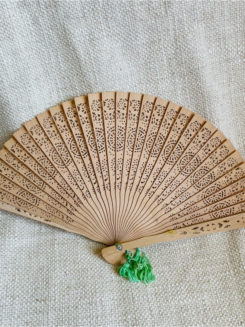 Handheld Carved Wood Fan with Green Tassel